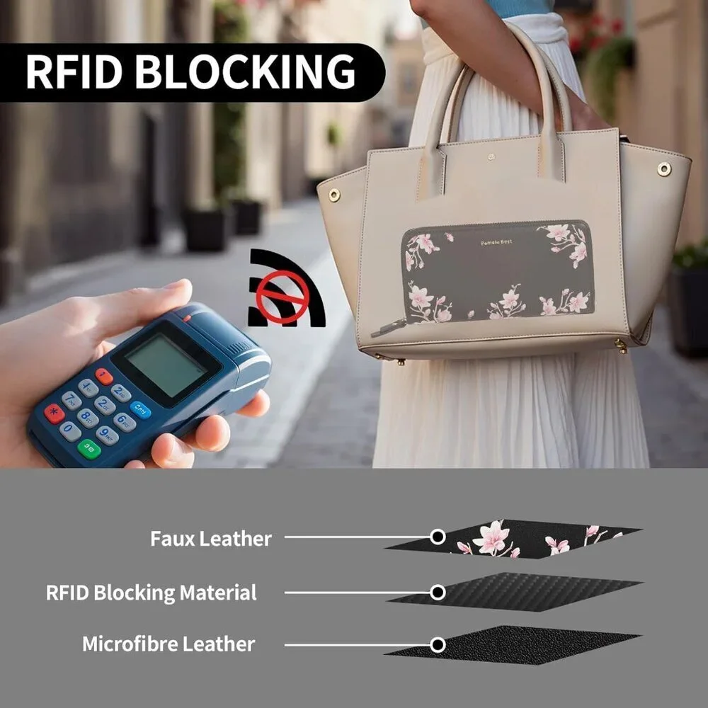 Women's RFID Blocking Leather Wallet Large Capacity Zip Around Wristlet Purse